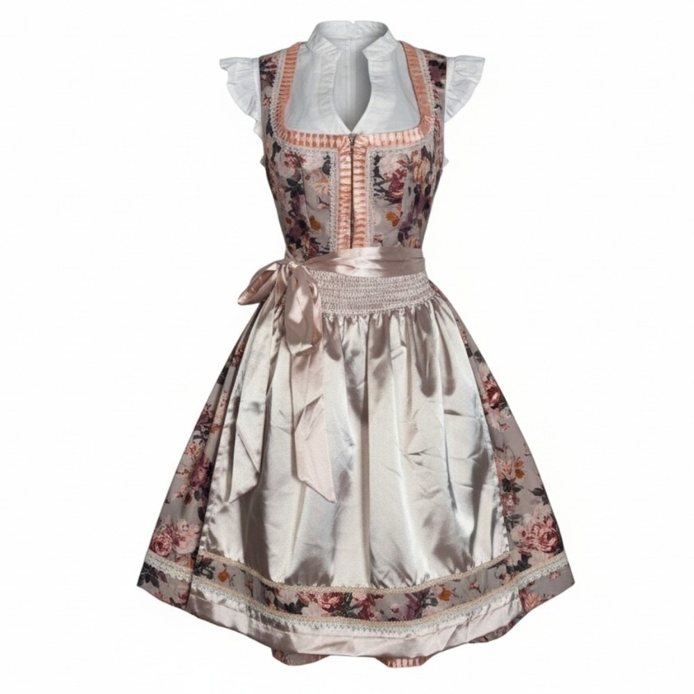 New XS Oktoberfest Pink Mauve Floral Dirndl Dress Bavarian German Trachten